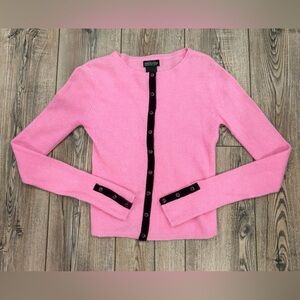 Pink Angora Blend Cardigan Sweater Velvet Trim Buttons Soft Cozy Small